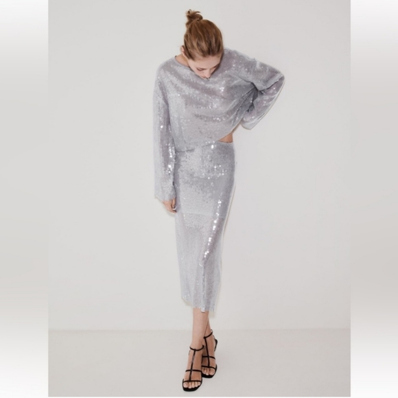 Zara * Set Sequin Skirt & Top Silver Size S - Picture 14 of 16